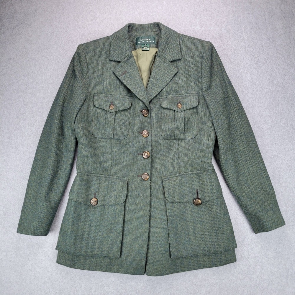 Lauren Ralph Lauren Equestrian Blazer Womens 6 Green Herringbone Tweed